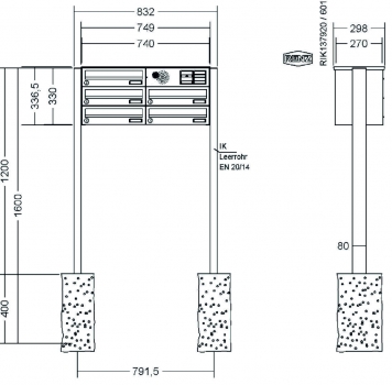 RENZ Briefkastenanlage freistehend, Verkleidung Basic B, Kastenformat 370x110x270mm, 5-teilig, Vorbereitung Gegensprechanlage